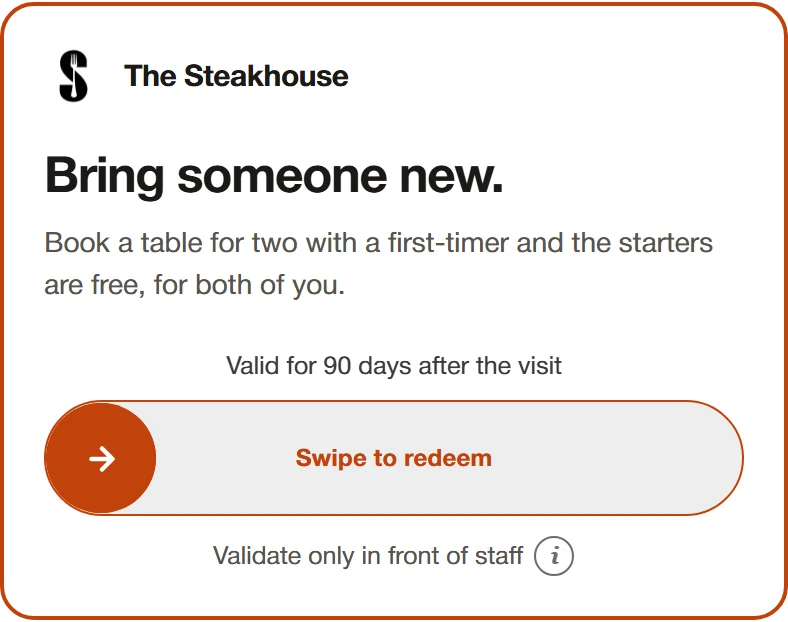 An offer card: bring someone new and the starters are free for both of you