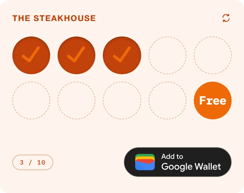 A stamp card with three of ten stamps and a free reward at the end